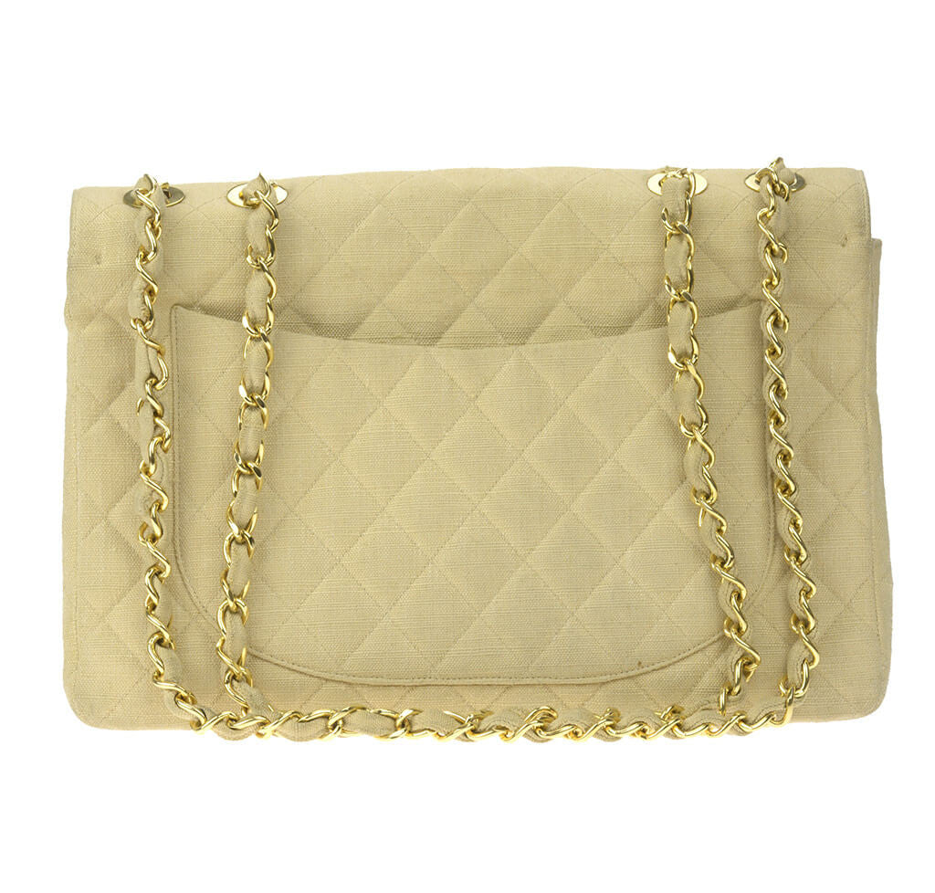 Chanel Maxi Flap Bag Beige Linen Gold Hardware Baghunter