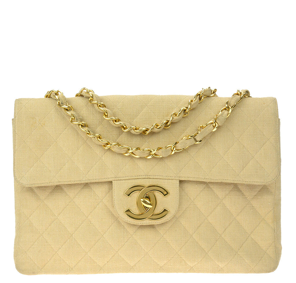 Chanel Maxi Flap Bag Beige Linen - Gold Hardware