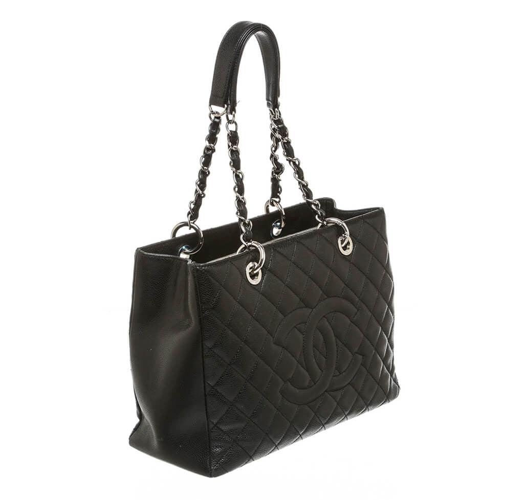 CHANEL Black Quilted Caviar Leather Silver Chain GRAND SHOPPER Tote Handbag  at 1stDibs