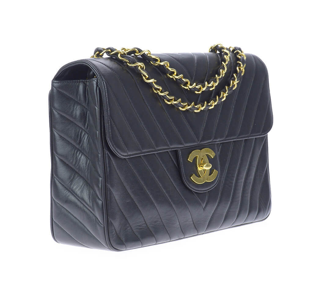 Chanel Chevron Flap Bag Black Lambskin Leather