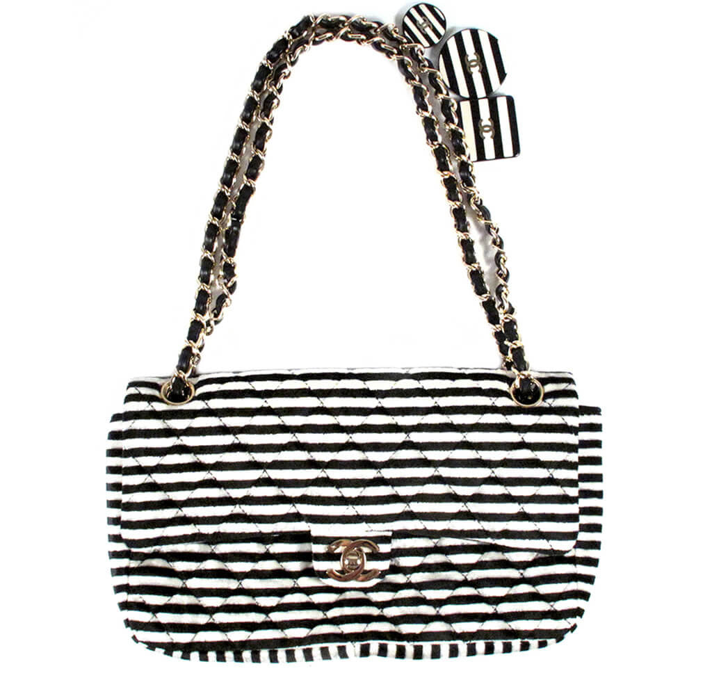 Chanel Striped Classic Flap Velour Velvet Black and White Crossbody  Shoulder Bag For Sale at 1stDibs