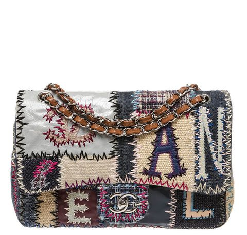Chanel Multicolor Leather, Denim and Raffia Patchwork Medium Classic Single Flap  Bag Chanel