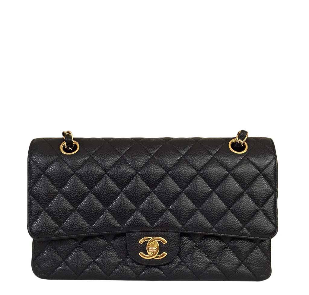 Chanel Classic double flap shoulder bag in black and gold quilted leather ,  GHW