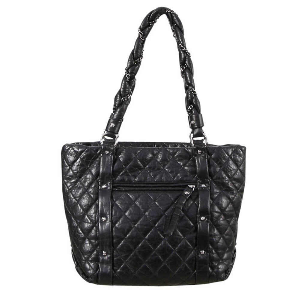 Authentic Chanel Black Aged Calfskin Quilted Large Gabrielle Shopping Tote