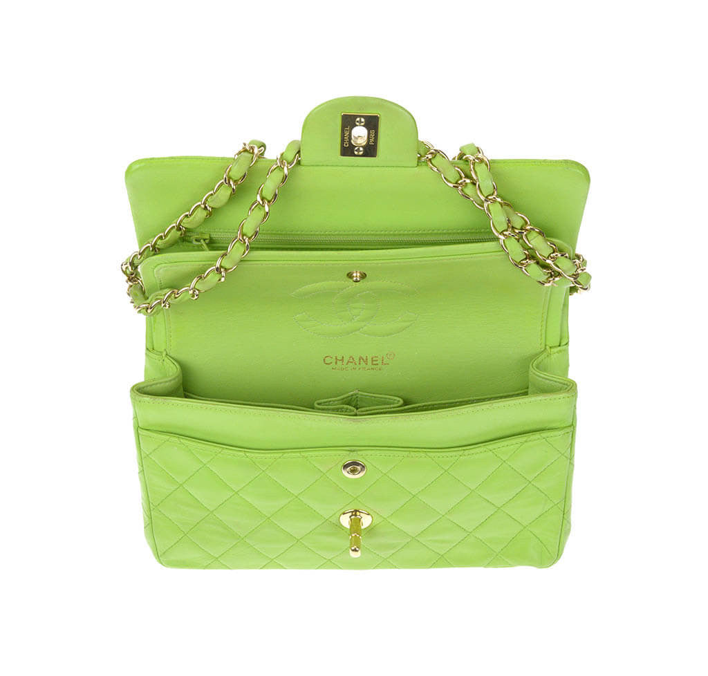 Chanel Flap Bag Green Lambskin Leather Gold Hardware Baghunter