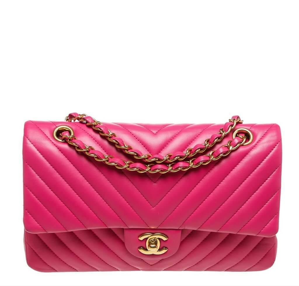 Authentic Chanel Calfskin Chevron Flap Bag Red GHW, Luxury, Bags