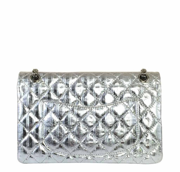 chanel silver mirror 225 flap bag reissue used back