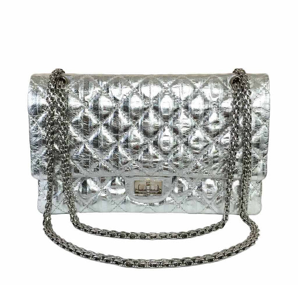 chanel silver mirror 225 flap bag reissue used front