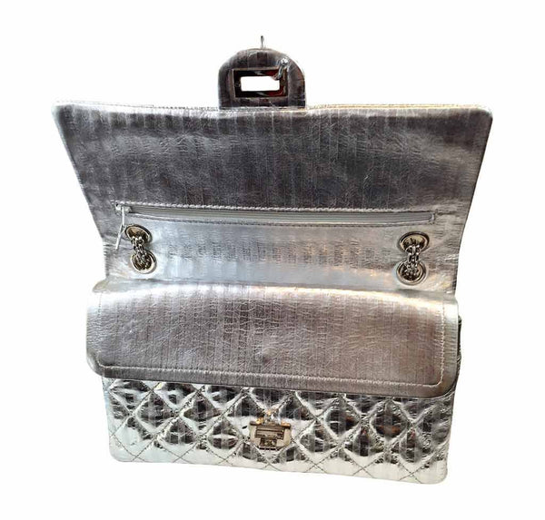 chanel silver mirror 225 flap bag reissue used open