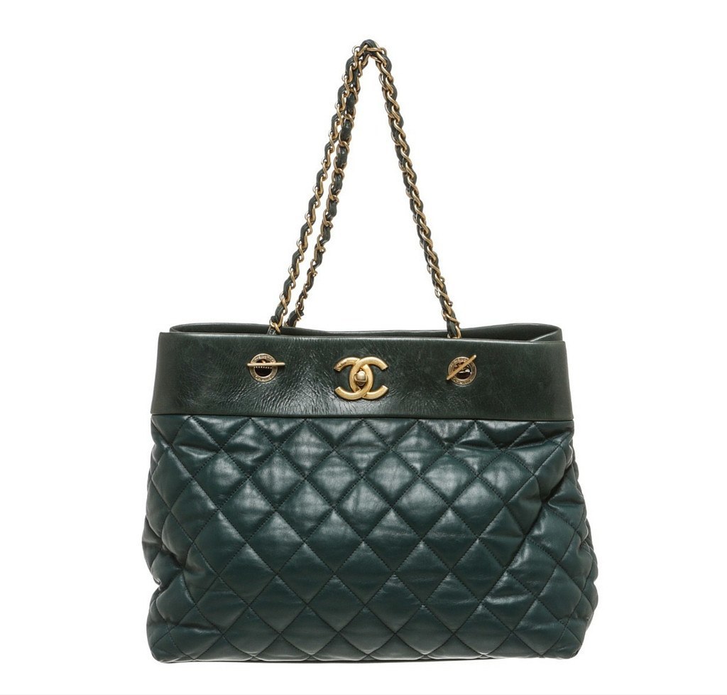 Chanel Green and Gold Patent Leather Grand Shopping Tote Silver Hardware, 2009-2010 (Very Good), Womens Handbag