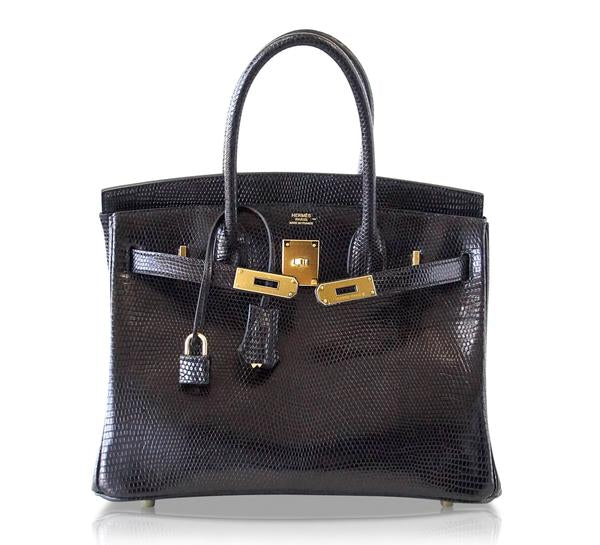 Hermès Birkin 30 Bag Noir Lizard Gold pristine front open clasp