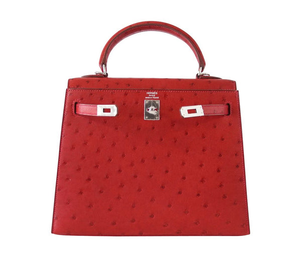Hermes Kelly Sellier 25 Rouge Ostrich Palladium pristine front open