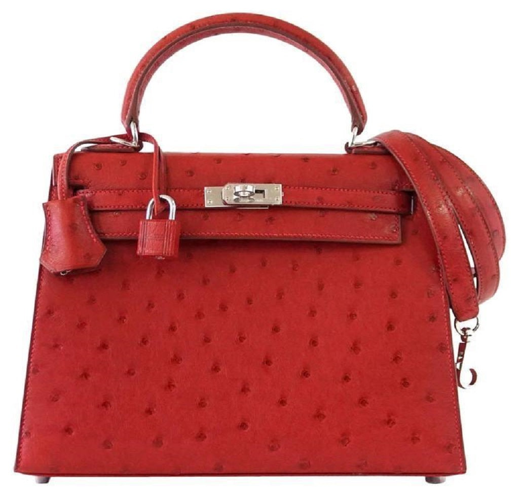 Hermes Kelly Sellier 25 Bag Ostrich Rouge Vif • MIGHTYCHIC • 