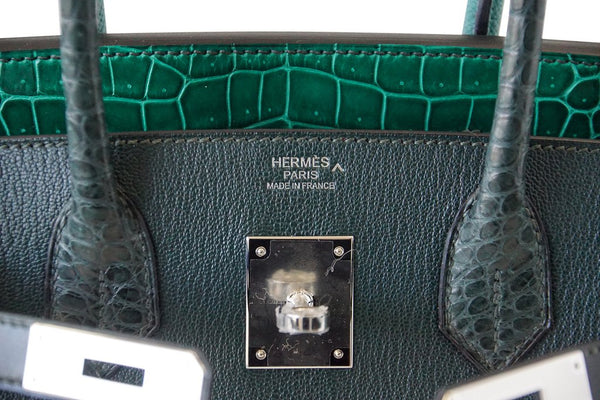 Hermes Birkin 30 Patchwork Vert Crocodile Limited Edition Palladium pristine embossing