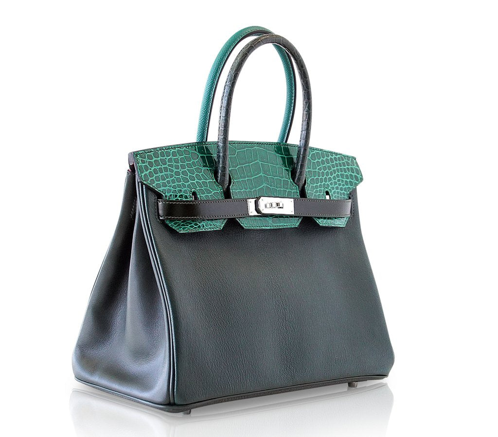 Hermès Birkin 30 Patchwork Vert Crocodile Bag PHW - Limited