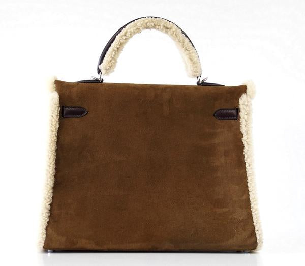 Hermes Kelly 35 Limited Edition Teddy Shearling brown sheepskin wool chevre palladium excellent back