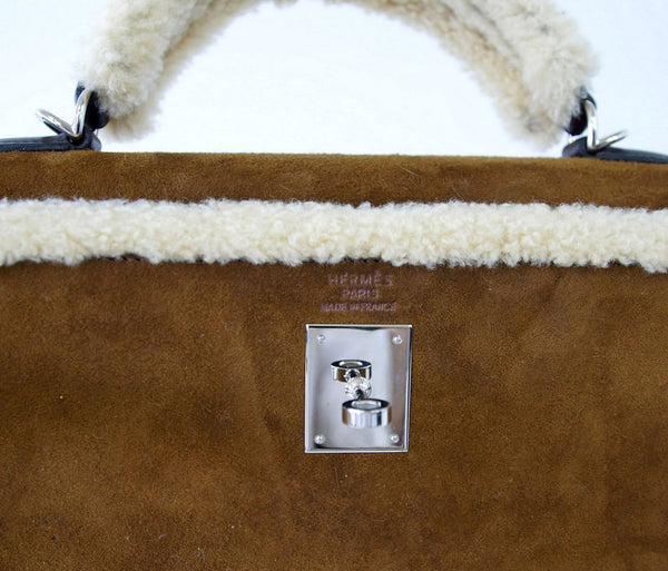 Hermes Kelly 35 Limited Edition Teddy Shearling brown sheepskin wool chevre palladium excellent embossing