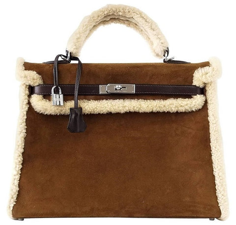 Hermes Kelly 35 Limited Edition Teddy Shearling brown sheepskin wool chevre palladium excellent front