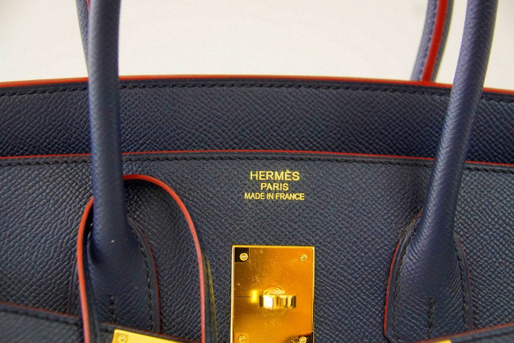 Hermes Birkin 35 Bag Navy w/ Rouge Contour Limited Edition Epsom Gold •  MIGHTYCHIC • 