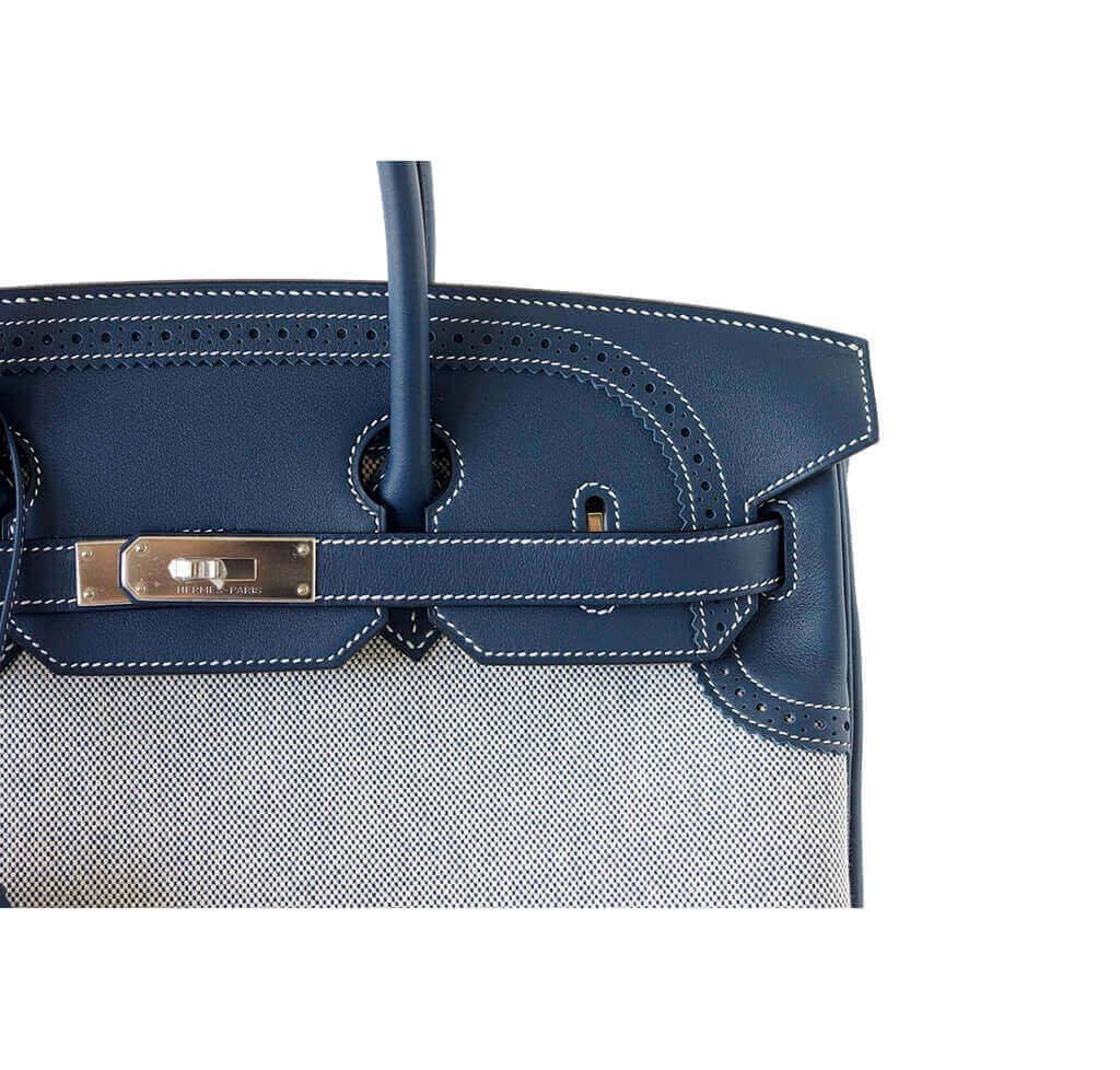 Hermès Birkin Ghillies 35 Blue - Swift Leather Toile PHW