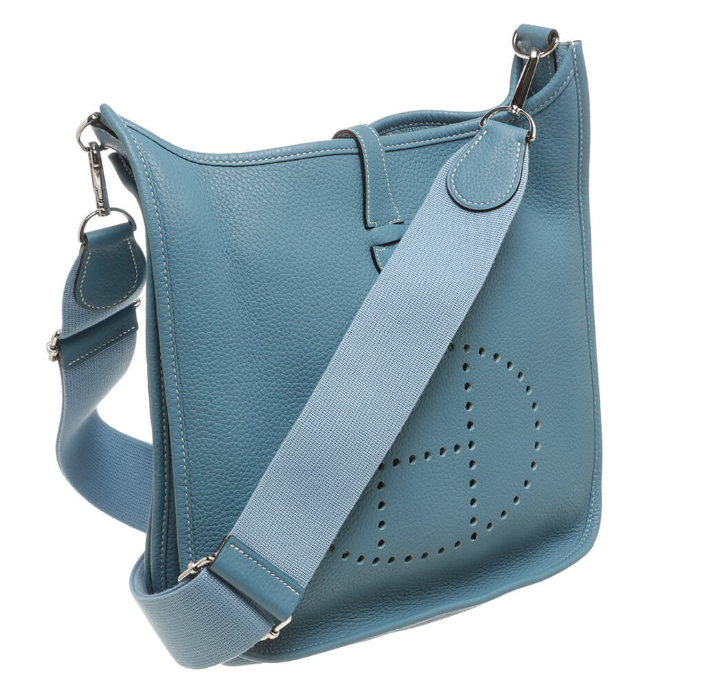Hermes Blue Agate Clemence Leather Evelyne PM II Bag - Yoogi's Closet