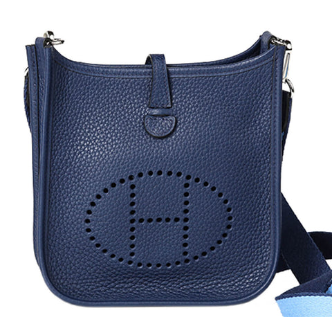 Authentic! Hermes Evelyne Blue Jean Clemence Leather Pm Handbag