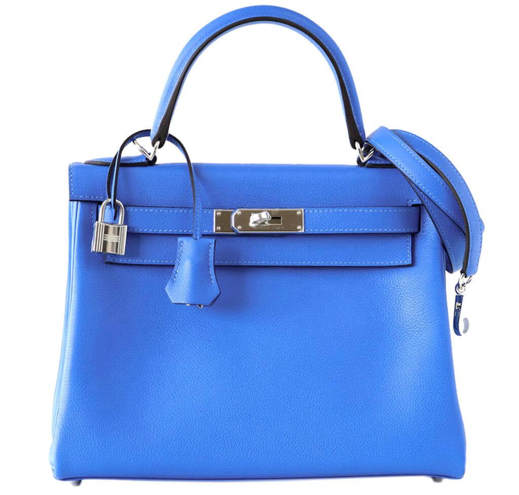 Kelly 28 leather handbag Hermès Blue in Leather - 34785847