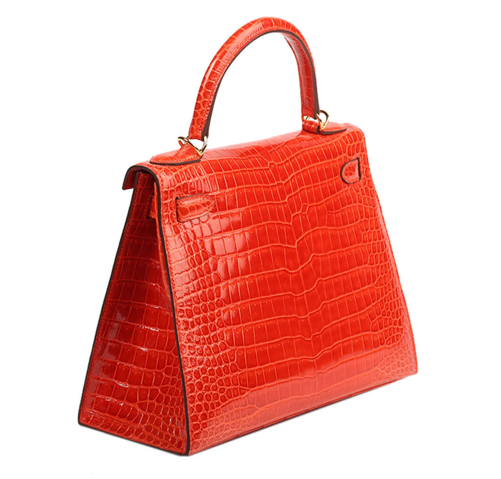 Hermes Geranium Red Crocodile Gold Birkin 25 Handbag Kelly