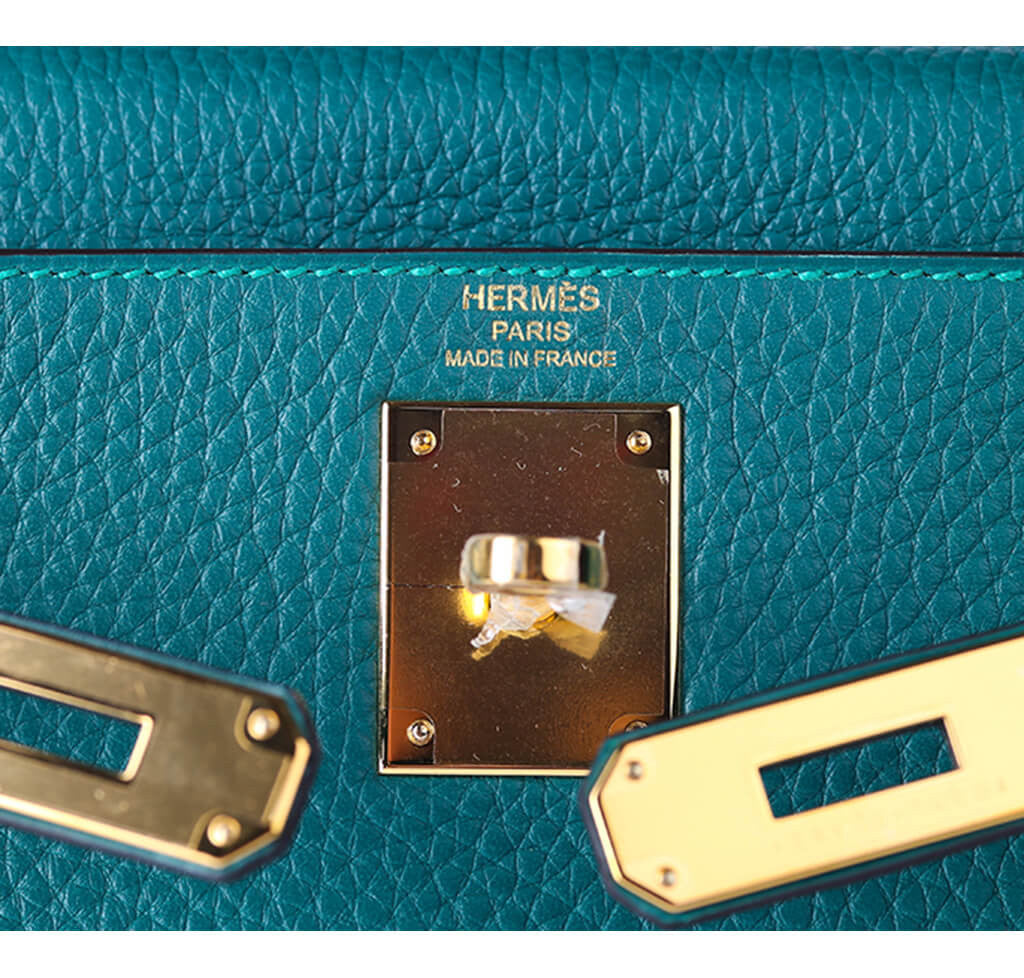 Hermes Kelly 28 Au Trot Malachite Turquoise + Black Handle Togo Palladium –  STYLISHTOP