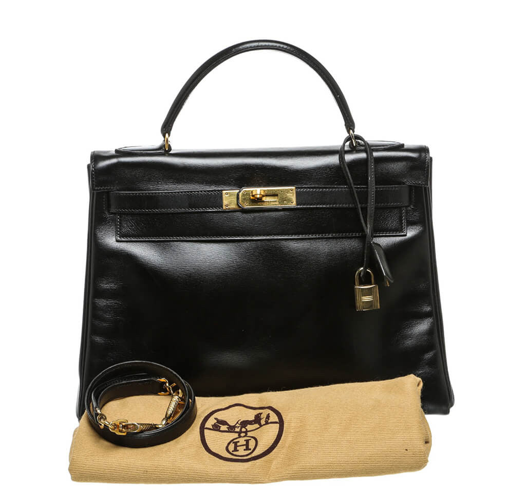 Hermes Kelly Vintage Bag 32 Black Box Leather Gold Hardware – labelluxe