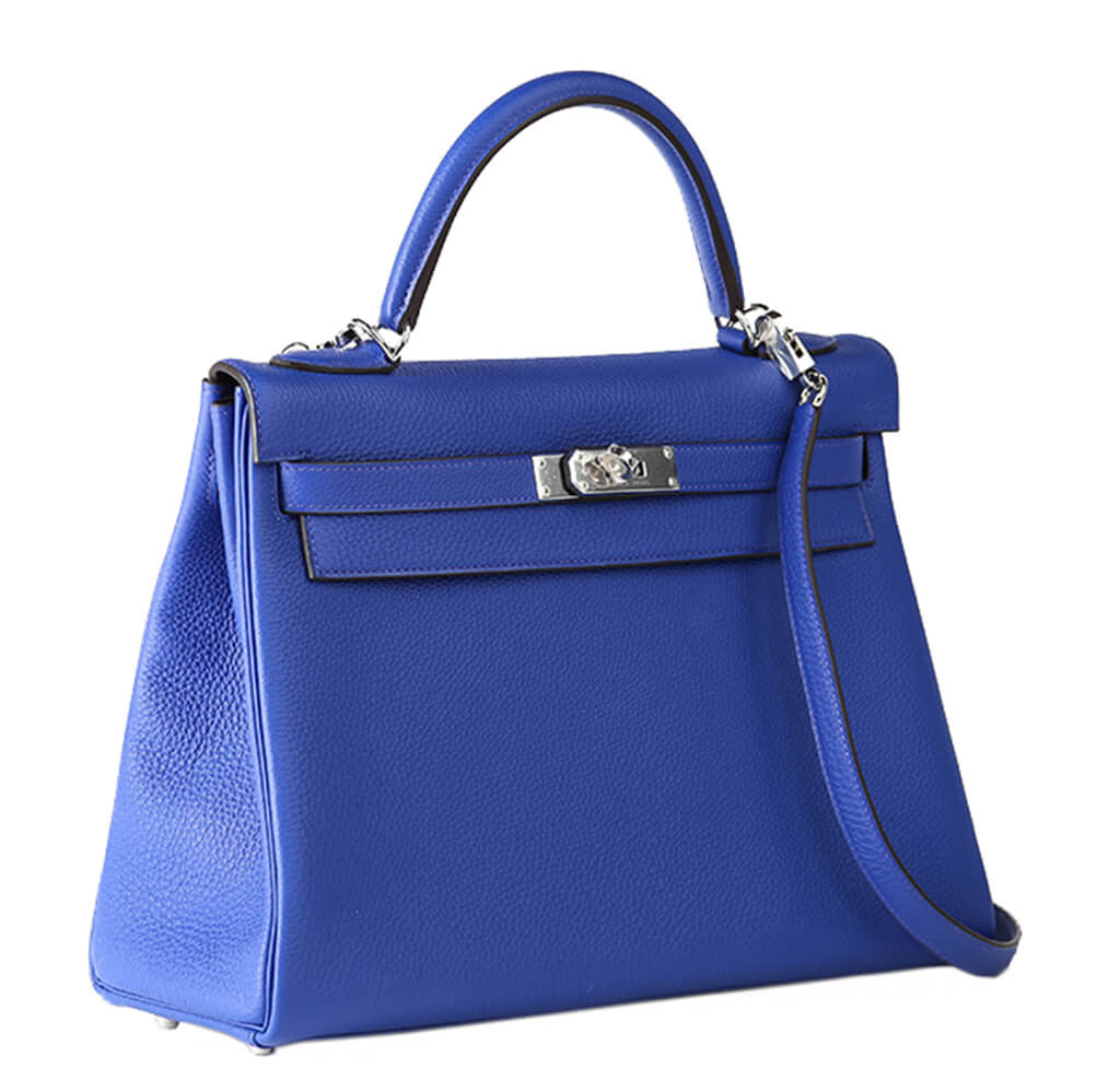 Hermes 32cm Blue Roi Ostrich Retourne Kelly Bag with Palladium, Lot #58191