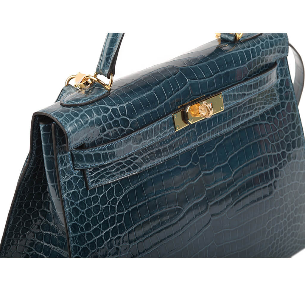 Hermès Kelly 32 Sellier Blue Roi Porosus Crocodile Gold hardware