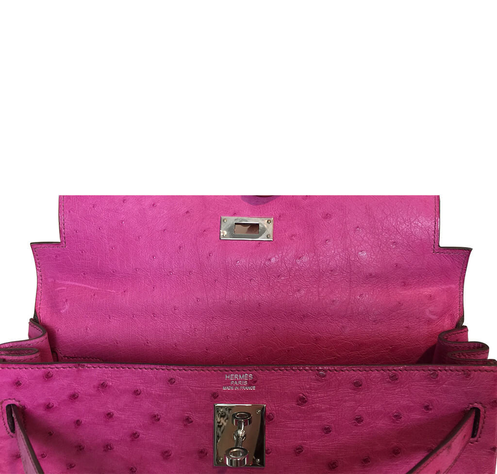 Hermes Kelly 25 in Fuschia Ostrich Leather Handbag - Authentic Pre-Owned Designer Handbags