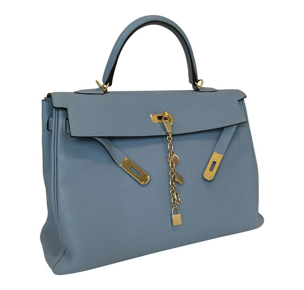 Hermes Blue Lin Clemence Kelly 25cm GHW Bag 