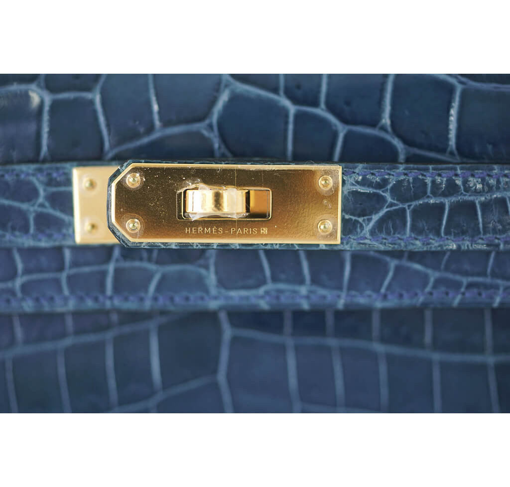 Hermes Kelly Cut Clutch Blue Colvert Crocodile Gold Hardware