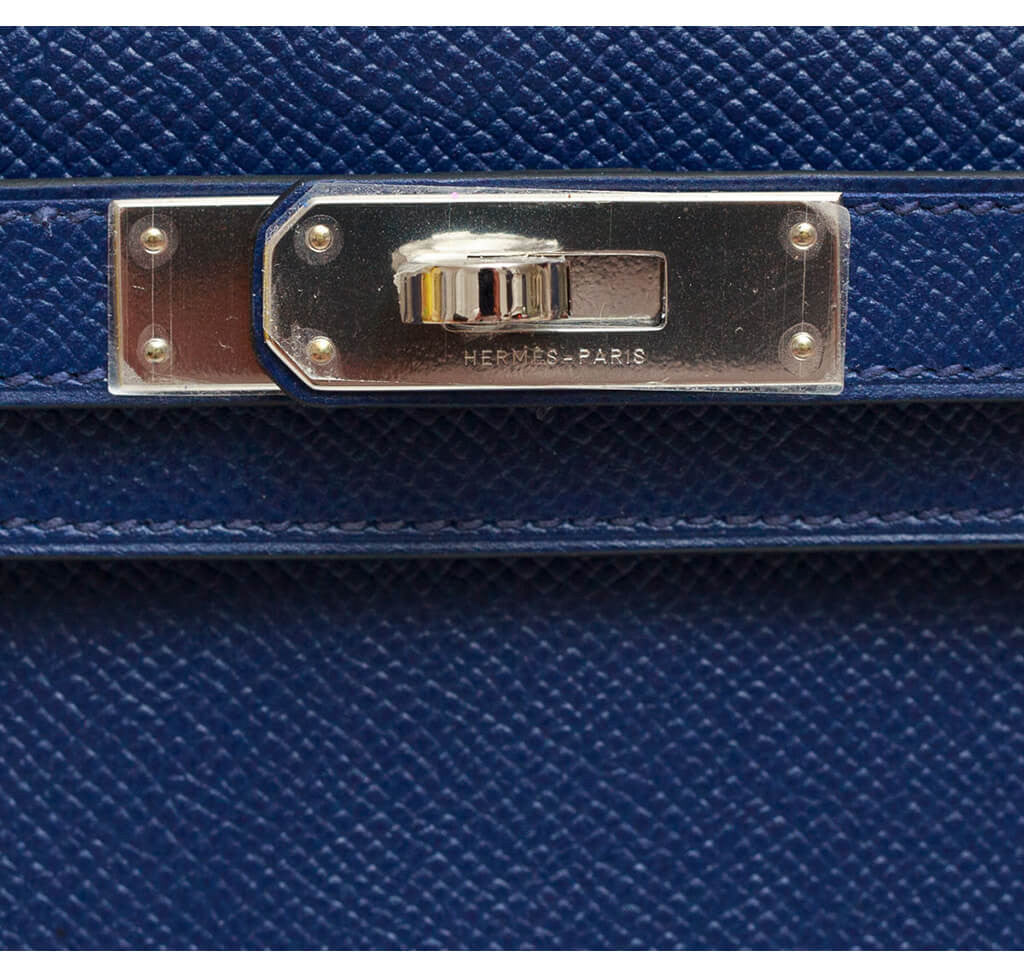 Hermès Kelly Pochette Clutch Blue Izmir Swift/Cigar Palladium Hardware –  Coco Approved Studio
