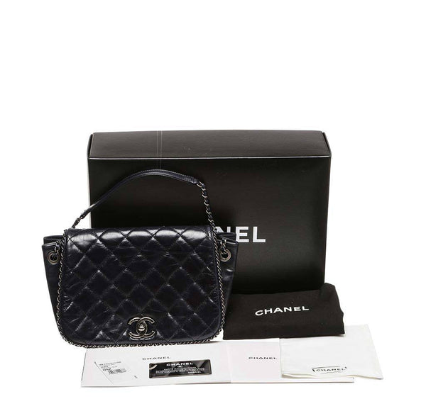 chanel accordion flap bag navy blue used complete