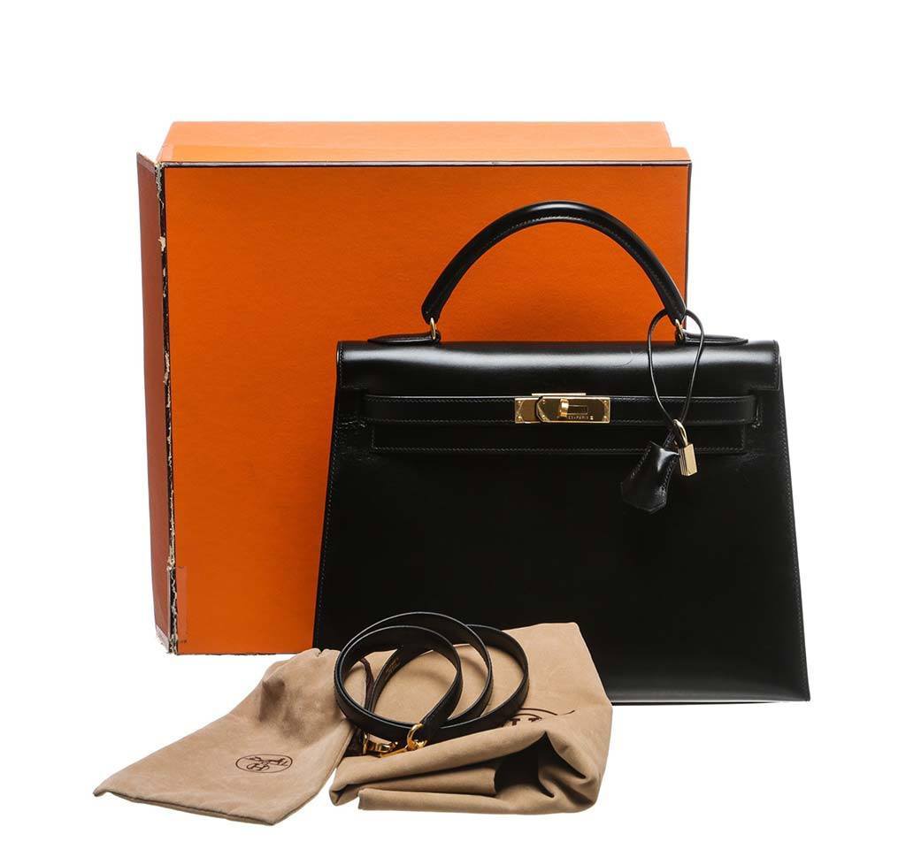 Great Condition Hermes 32cm Black Box Leather Shoulder Kelly