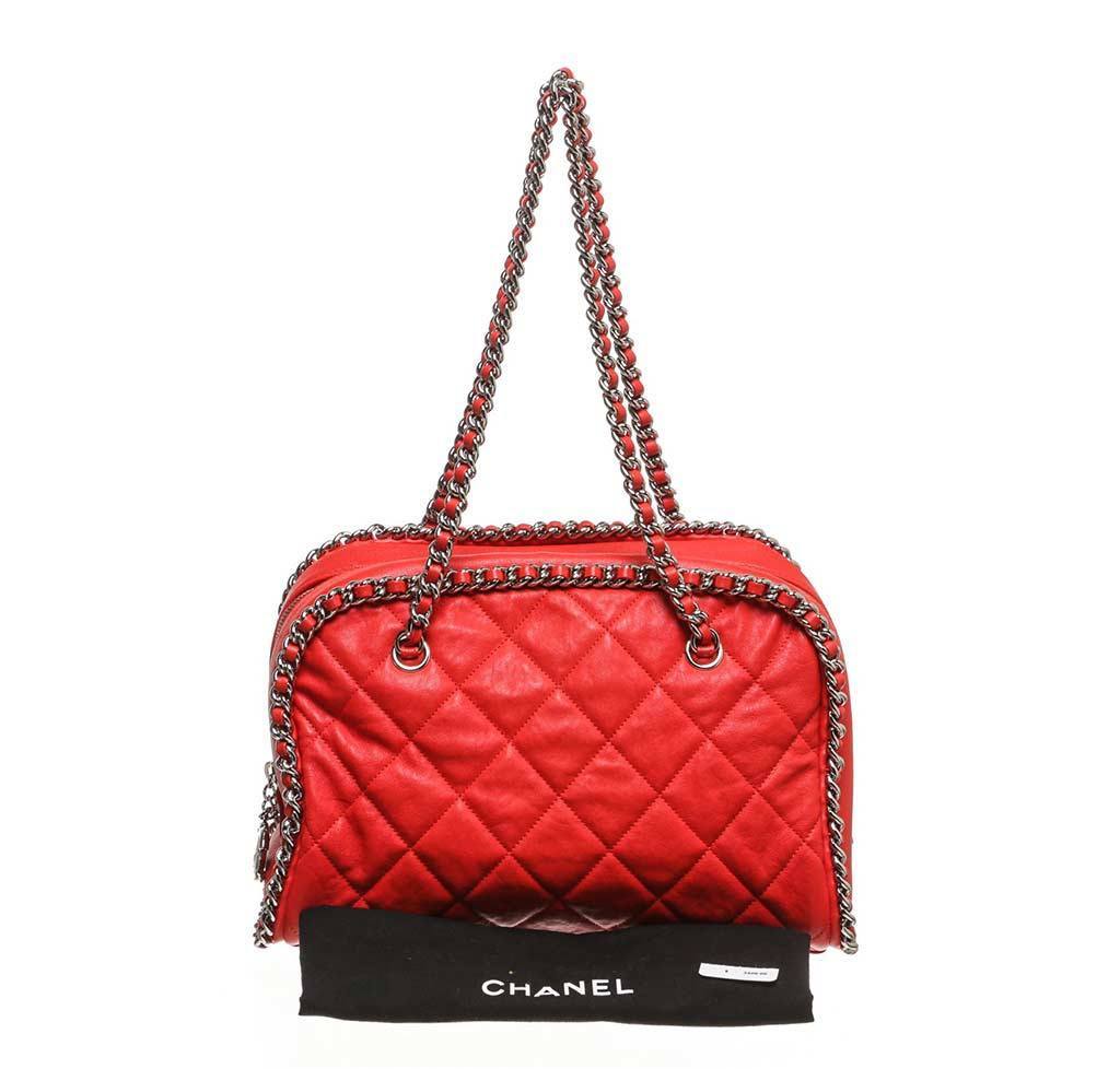 Chanel Red Quilted Bowler Bag - Silver Hardware