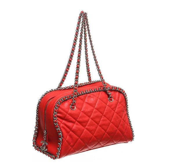 chanel quilted bowler bag red used side