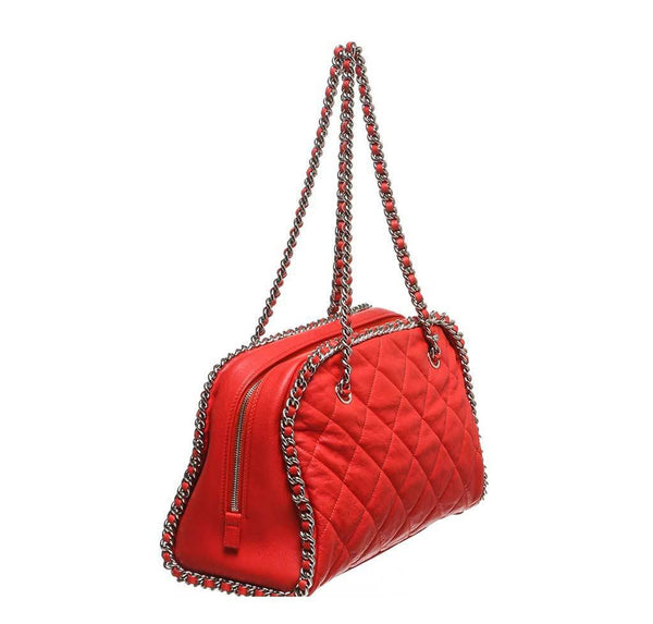 chanel quilted bowler bag red used side