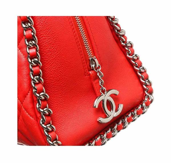 chanel quilted bowler bag red used detail