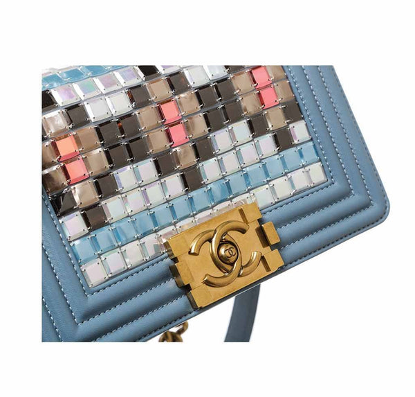 chanel boy bag mosaic light blue used detail