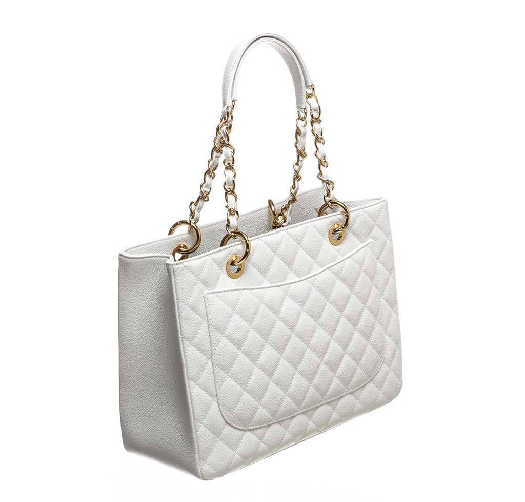 CHANEL Caviar Quilted Petit Shopping Tote PST White 163044