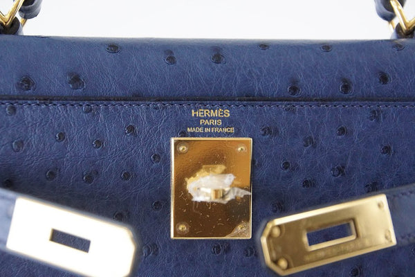Hermes Kelly Sellier 28 Blue Iris Ostrich gold pristine embossing