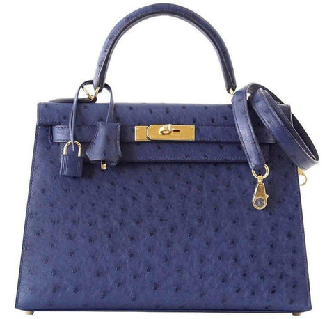 Hermes Kelly Sellier 28 Blue Iris Ostrich gold pristine front