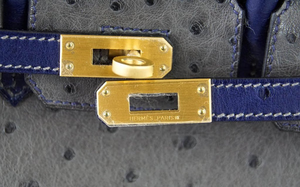 Hermes Birkin 25 HSS gris agate blue sapphire Ostrich brushed gold pristine clasp