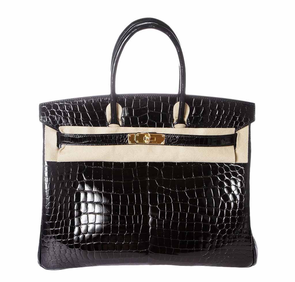 Hermes Shiny Porosus Crocodile Birkin Bag 35 Black